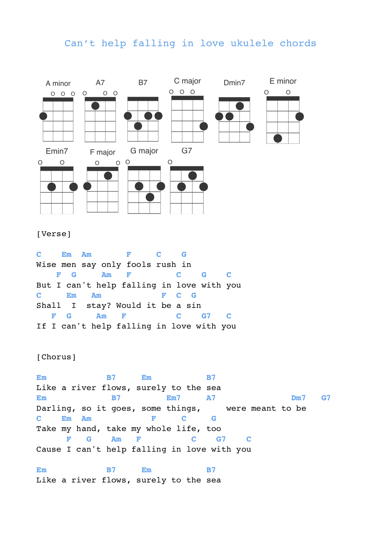 Can't help falling in love ukulele chords | Free Sheet Music