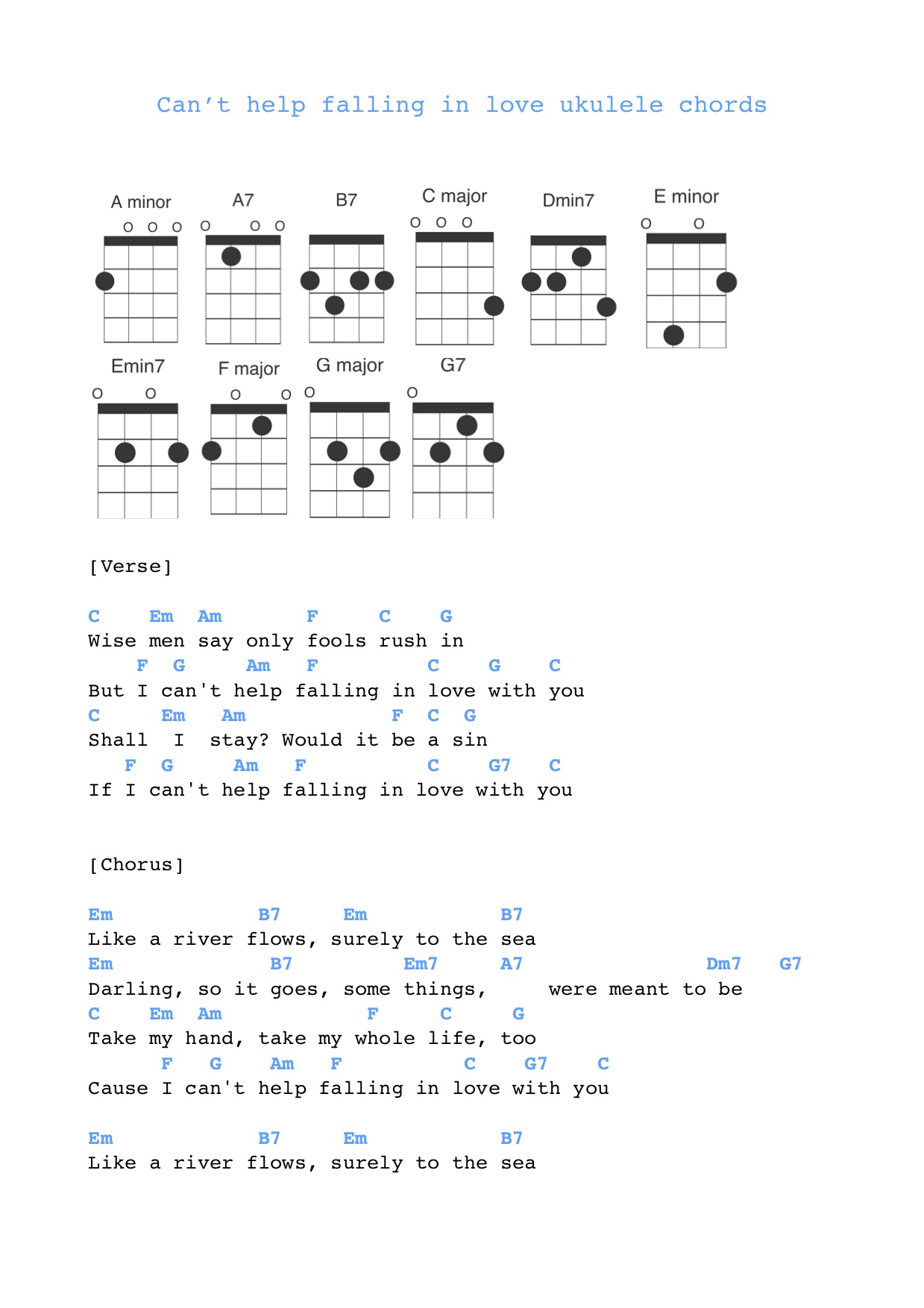 Can't help falling in love ukulele chords Free Sheet Music