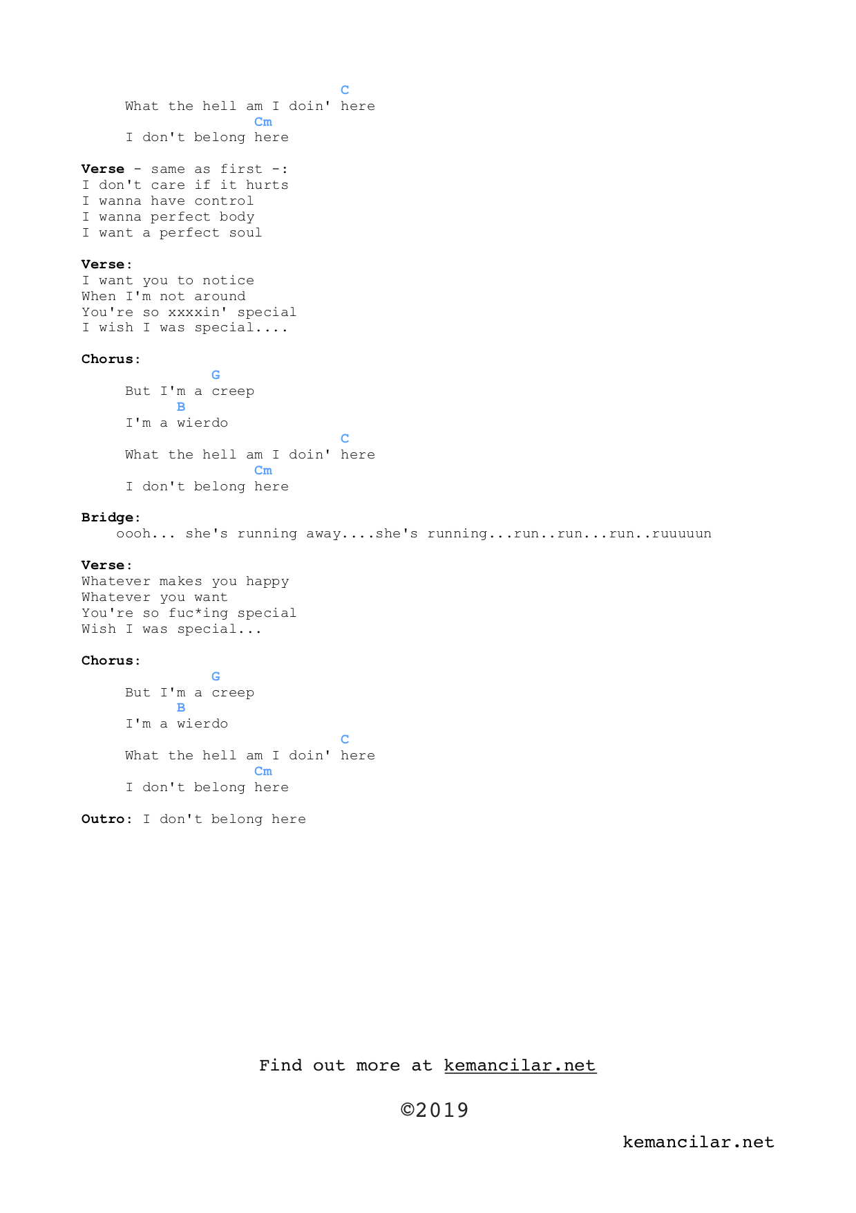 CREEP - Beginner Uke Chord Chart PDF, PDF