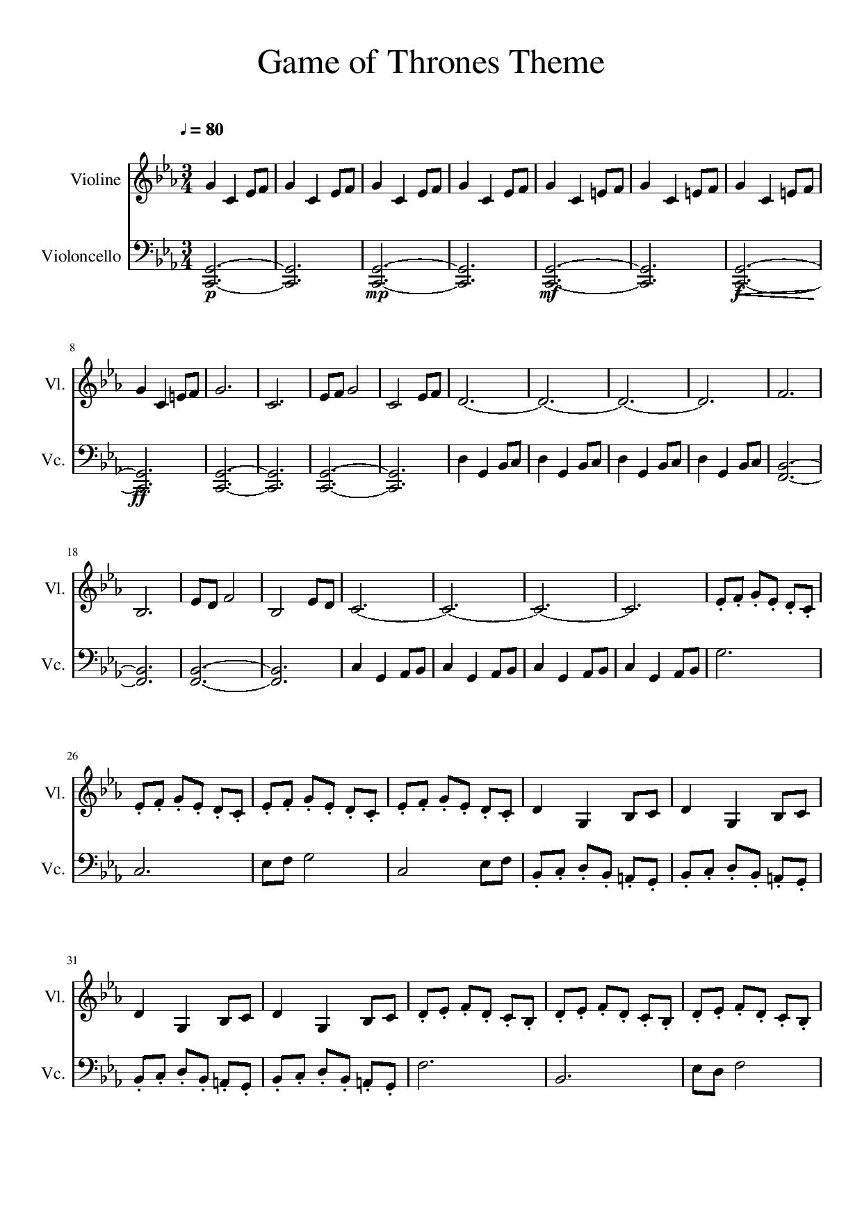 Game Of Thrones Theme For Violin And Cello Free Sheet Music