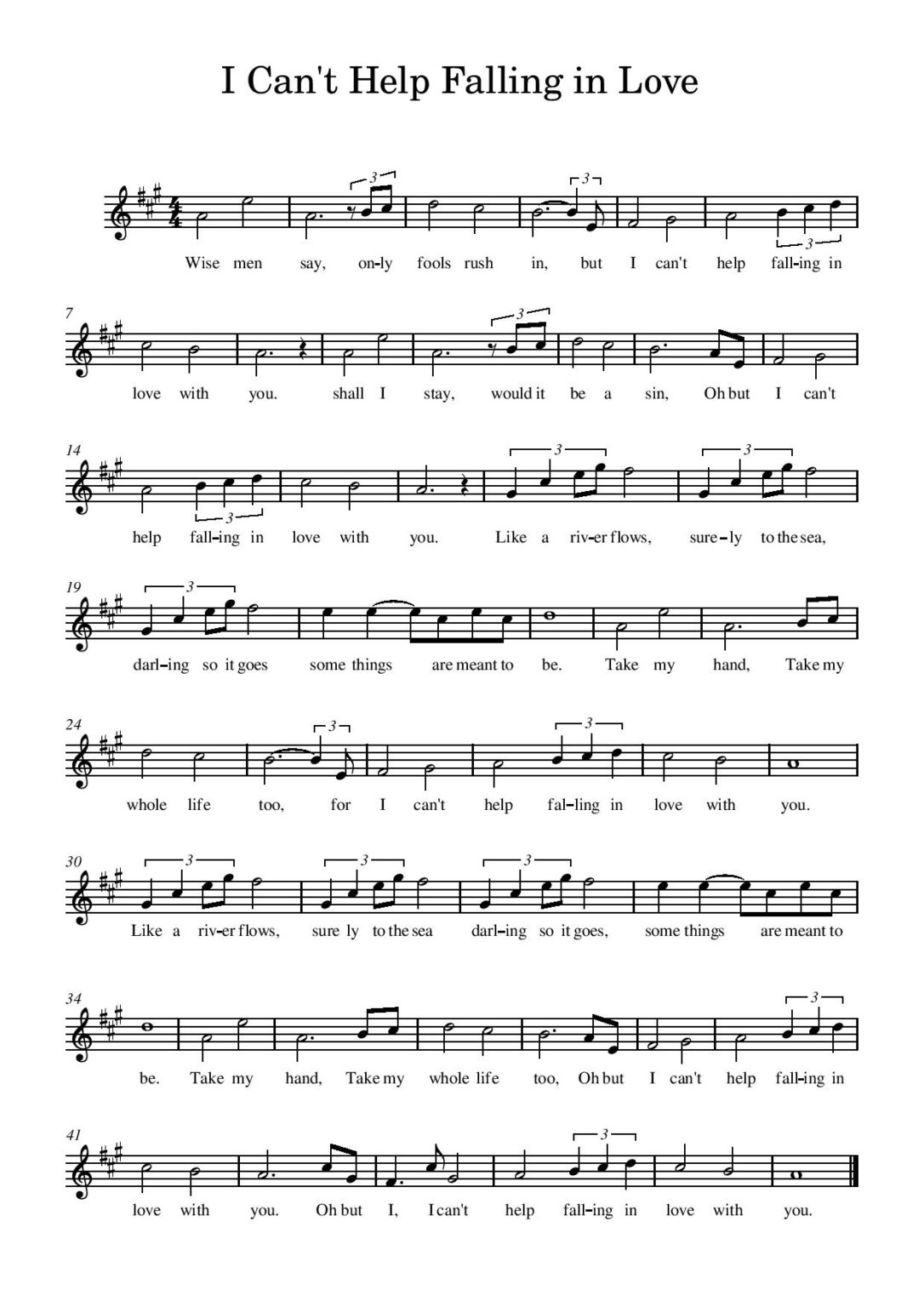 Can't Help Falling in Love Violin Sheet Music Free Sheet Music